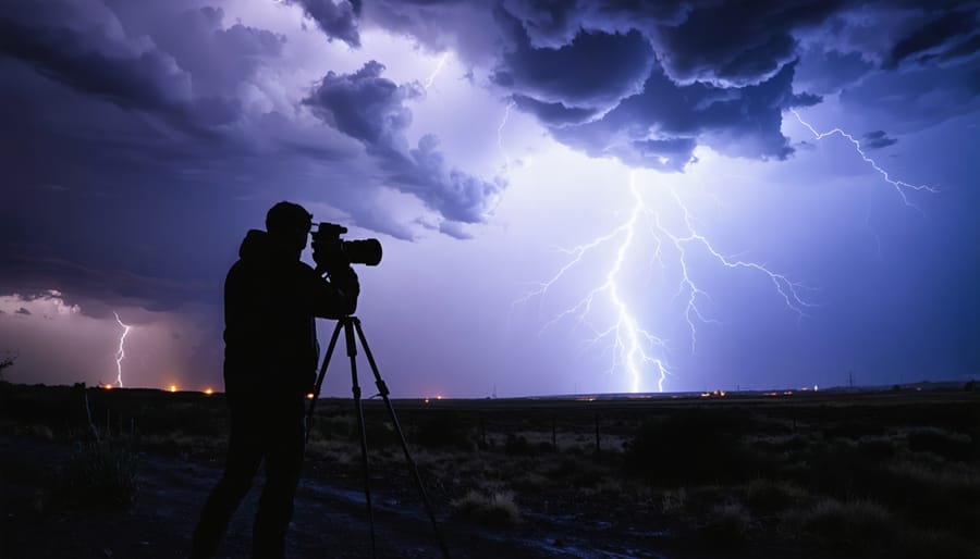 A silhouette of a photographer capturing a vivid lightning storm against a backdrop of swirling storm clouds over an open landscape, exemplifying the drama and intensity of extreme weather photography.