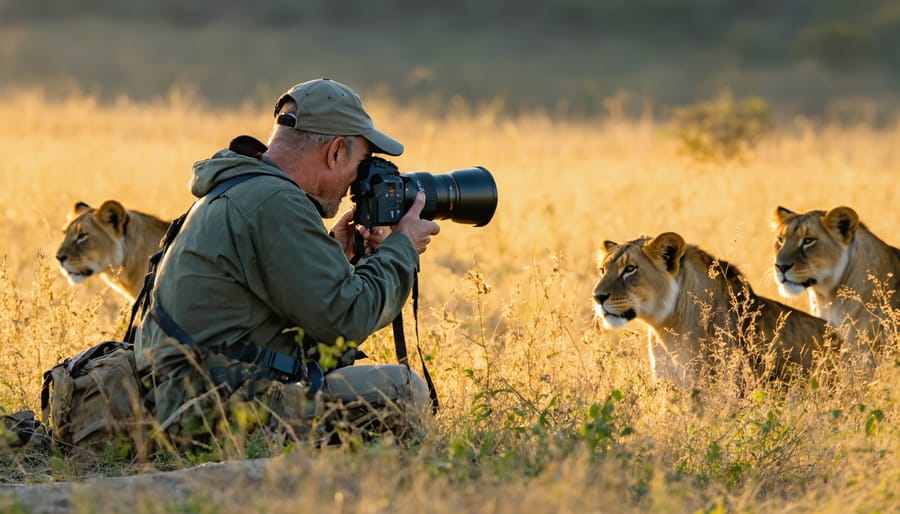 Wildlife photographer with telephoto lens observing a pride of lions under a golden sunset in the Serengeti, exemplifying the art and ethics of wildlife photography.