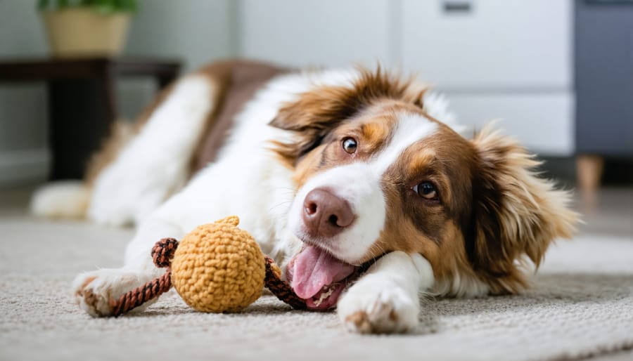 A playful dog captured in a candid moment, showcasing its joyful expression and natural personality while interacting with a toy.