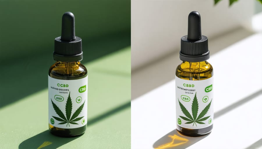 Comparison showing the difference between CBD oil photographed in natural light versus artificial lighting