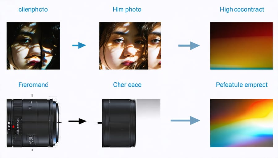 Close-up photos demonstrating purple and green color fringing caused by chromatic aberration