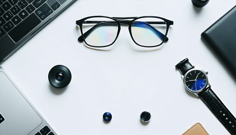 Close-up image of everyday accessories such as glasses, watch, and shirt button, each with hidden spy cameras embedded, displayed on a clean surface.