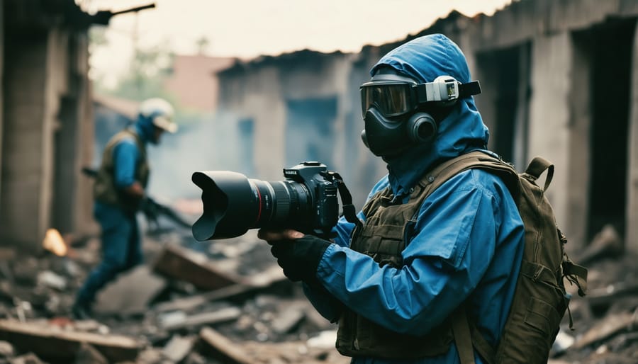 Photographer wearing protective vest and helmet while photographing from a secure position