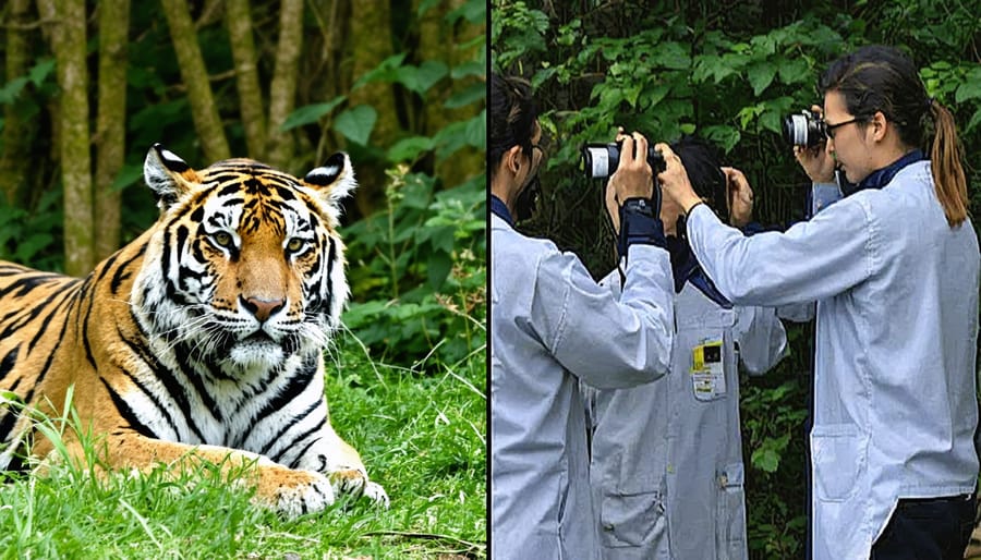 Composite image of wild tiger and researchers analyzing wildlife photographs