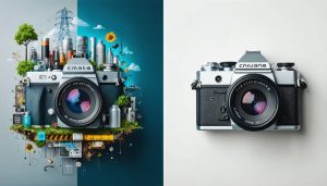 An artistic comparison between digital and film cameras with visual elements representing their environmental impacts, such as e-waste and chemical substances.