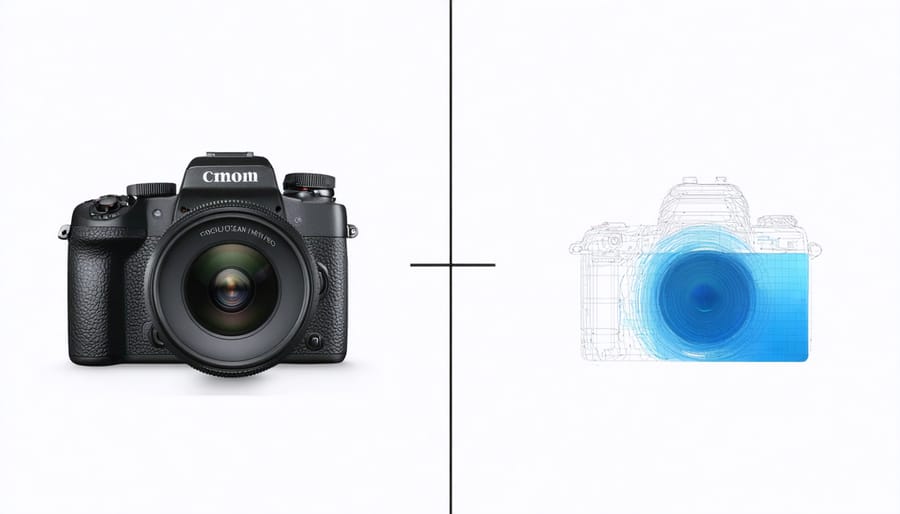 Side-by-side comparison of digital and film cameras with environmental impact indicators