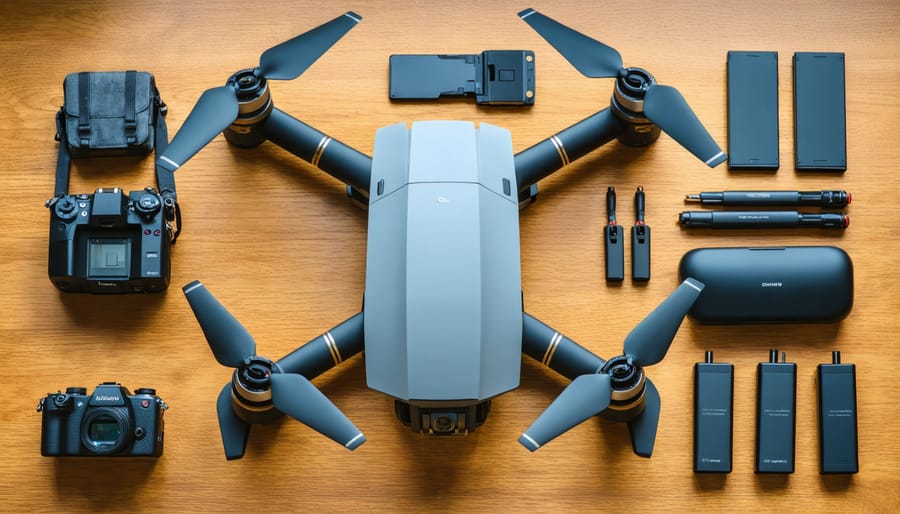 Professional drone photography equipment setup including drone, batteries, filters, and accessories