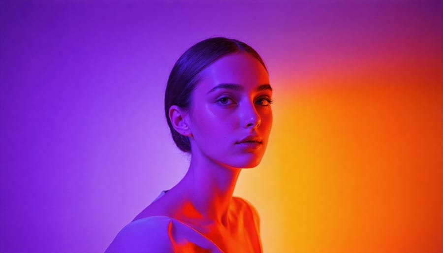 Model's face illuminated by dramatic complementary colored lights using gel filters