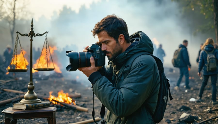 A photojournalist capturing images in various settings with an ethical guidelines overlay, symbolizing the responsibility and integrity in photojournalism.