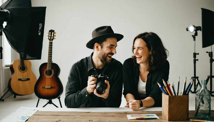 A photographer and their portrait subject sharing a moment of connection in a studio, highlighting trust and collaboration in ethical photography practices.