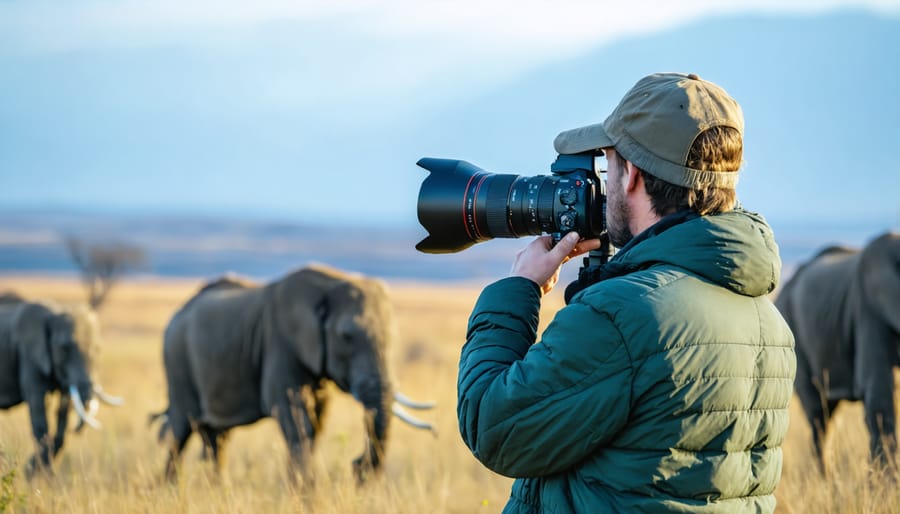 Ethical wildlife photography demonstration showing proper distance from subjects