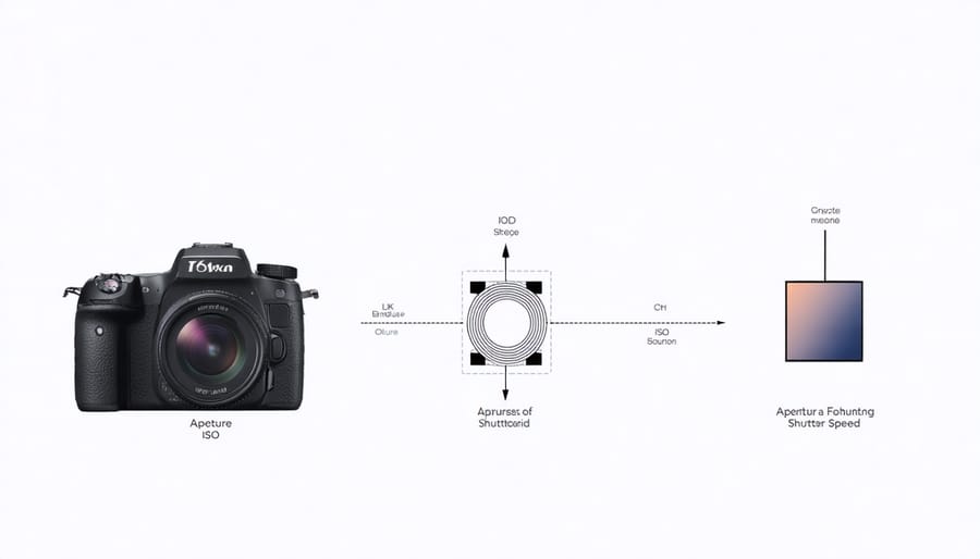 Visual diagram illustrating the exposure triangle with ISO, aperture, and shutter speed settings for evening photography