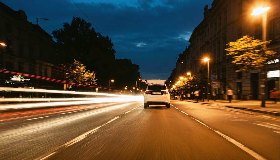 Night photography example showing streaking car headlights and taillights on a busy city street, demonstrating long exposure techniques