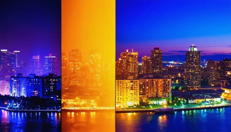 Split image of a city skyline showing the vivid transformation from golden hour to blue hour, with the city bathed in warm orange tones on one side and cool blue tones on the other.