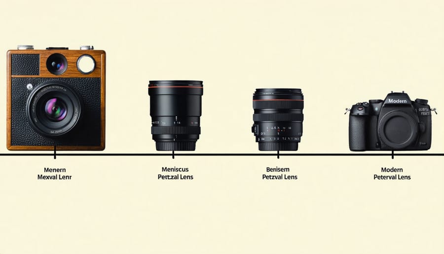 An illustrative timeline showing the evolution of camera lenses from a basic pinhole box camera to a modern digital camera, highlighting significant advancements like the meniscus lens, Petzval lens, and contemporary multi-element designs.