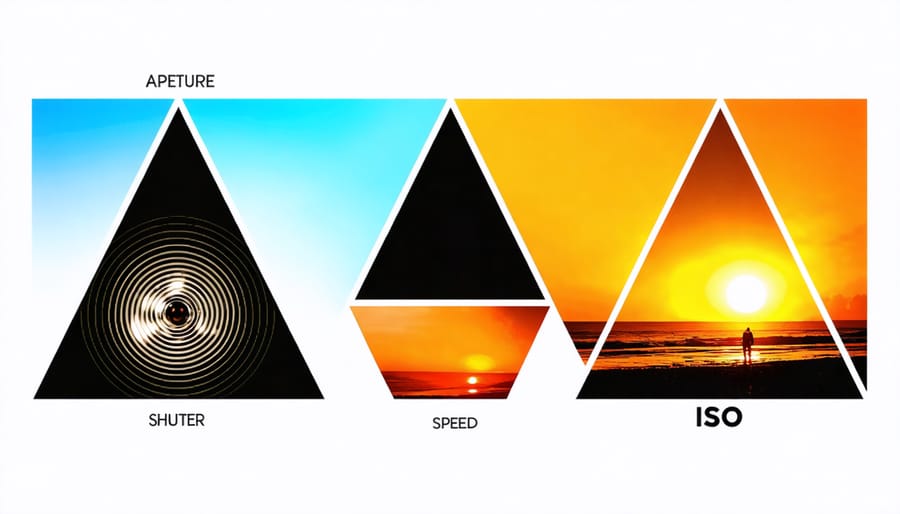 A conceptual diagram illustrating the exposure triangle, depicting the relationship and impact of aperture, shutter speed, and ISO on photography.