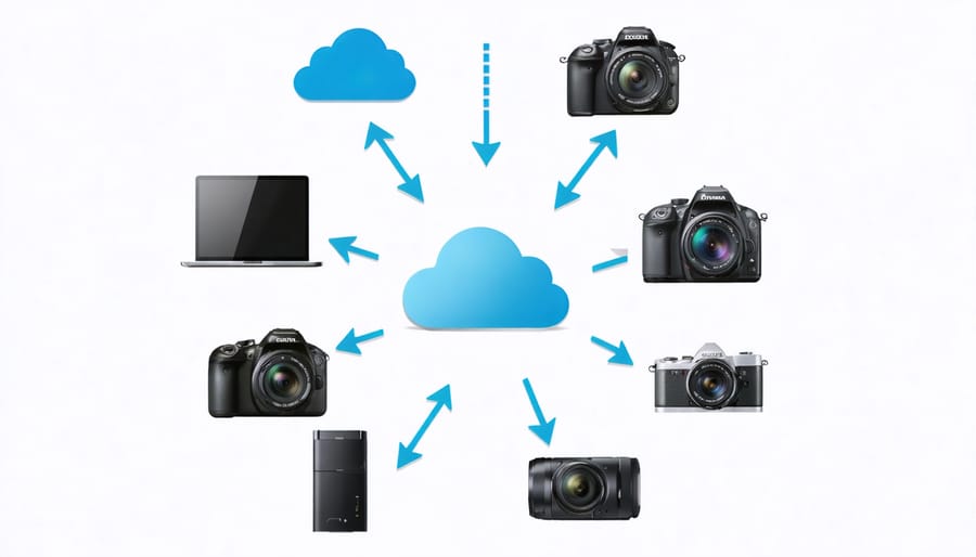 A representation of a digital photo backup system showing interconnected storage devices and cloud symbols, symbolizing secure and continuous protection of photographic memories.