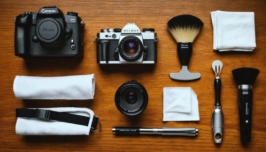 Neatly arranged film camera maintenance kit featuring a vintage camera, blower brush, microfiber cloths, and lens cleaning tissues on a wooden desk.