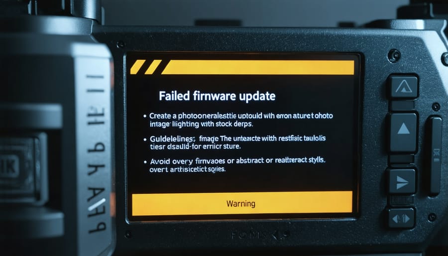 Camera screen displaying firmware update error message and warning symbol