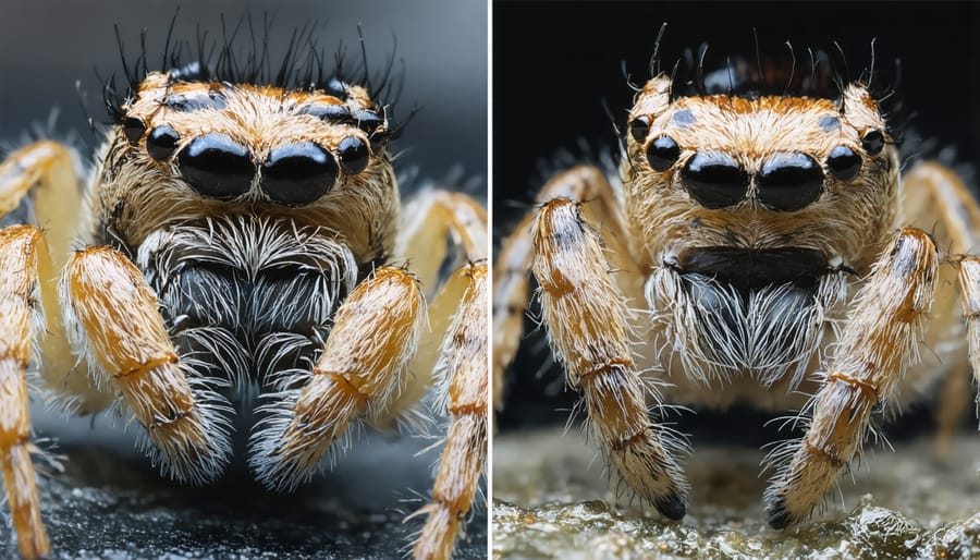 Split image showing single frame vs focus stacked result of jumping spider portrait