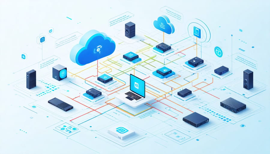 Conceptual illustration showing interconnected storage solutions including external drives, cloud services, and NAS, symbolizing secure and accessible photo storage.