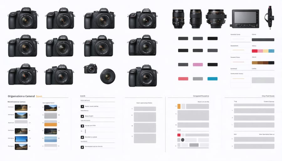 Organized photography equipment with color-coded labels and category markers