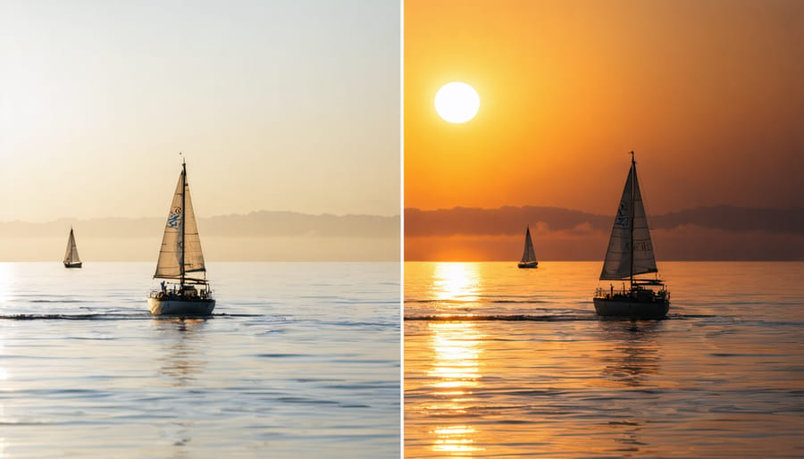 Side-by-side comparison of landscape photos taken during midday and golden hour lighting