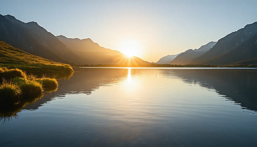 Reflective mountain lake during golden hour with warm lighting and vibrant colors