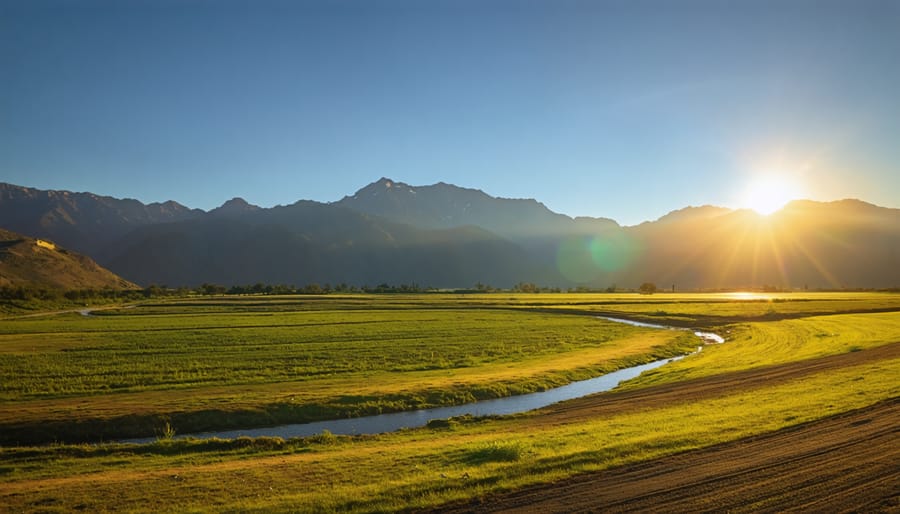 Scenic landscape during the golden hour featuring a winding river leading towards a majestic mountain range, bathed in soft, warm sunlight.