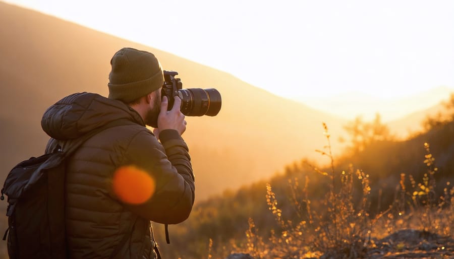 Photographer silhouetted against a dramatic sunset, capturing landscape photos with camera on tripod