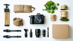 Photographer using a camera with eco-friendly design next to sustainable photography accessories including hemp strap, bamboo tripod, and recycled packaging.