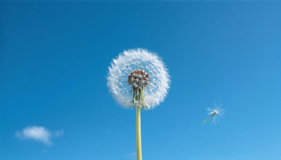 Worm's eye view of a dandelion flower with blue sky background