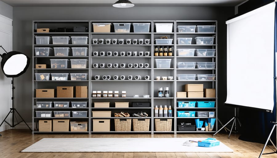 Custom-built photography storage room with organized shelves, drawers, and cabinets