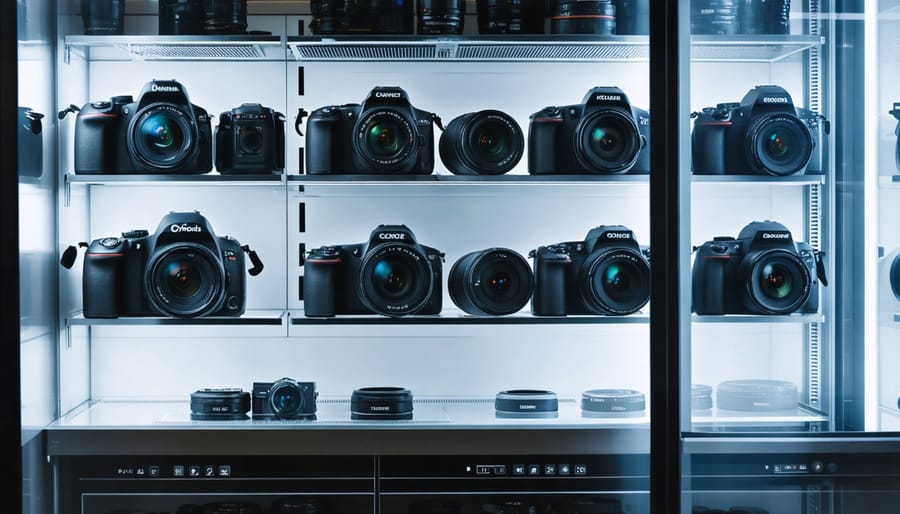 Photography equipment stored in a humidity-controlled dry cabinet with digital display