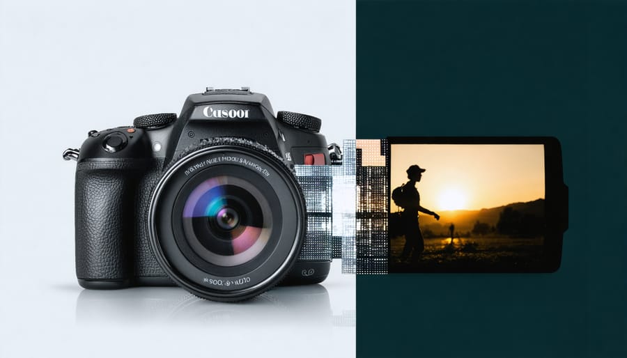 A conceptual visualization of a modern digital camera showcasing its dual capability with half focused on a portrait photography scene and the other half depicting a cinematic sequence.