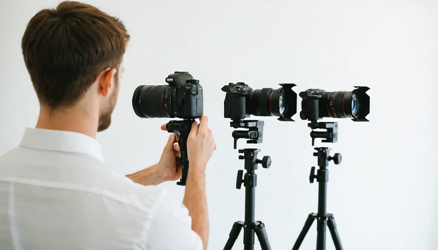 Professional photographer's hybrid photo-video setup at a wedding ceremony