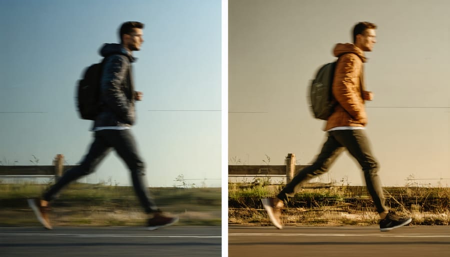 Side-by-side comparison of a running athlete photographed with fast vs slow integration times