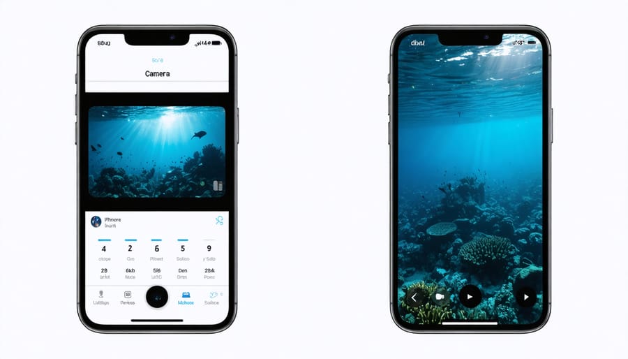 Side-by-side comparison of iPhone camera settings and resulting underwater photograph