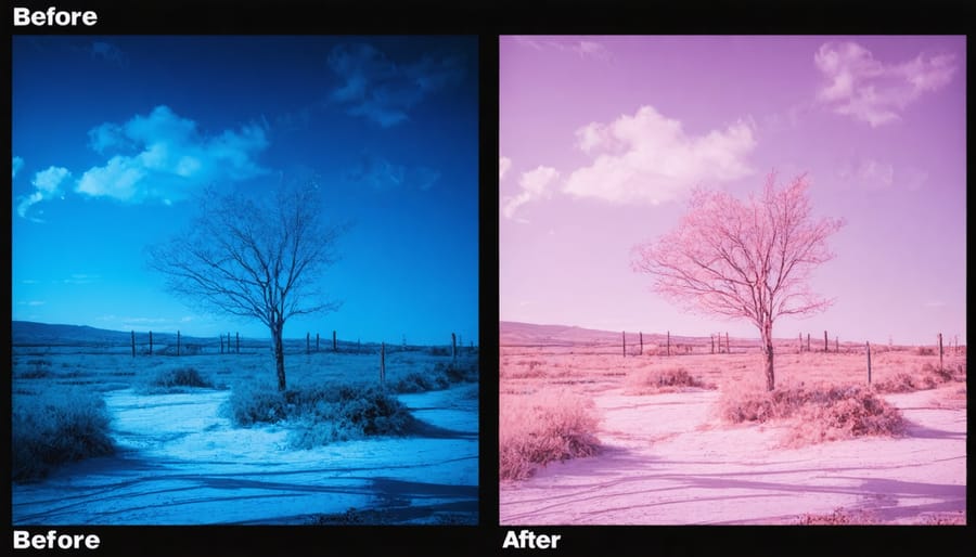 Side-by-side comparison of raw and processed night infrared photograph showing dramatic transformation