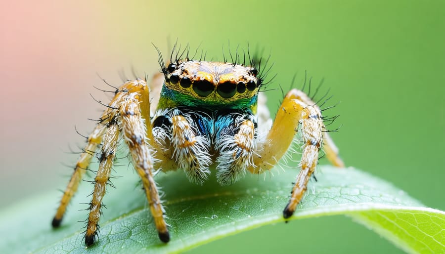 "Detailed close-up of a jumping spider with iridescent eyes and intricate patterns on a bright green leaf, showcasing the spider's features and the delicate art of macro photography."