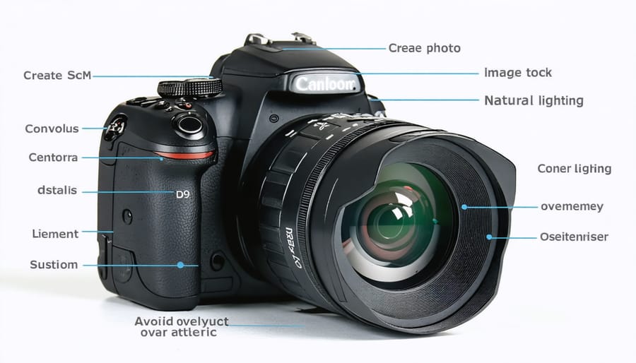 Annotated technical diagram of DSLR camera body with key components labeled