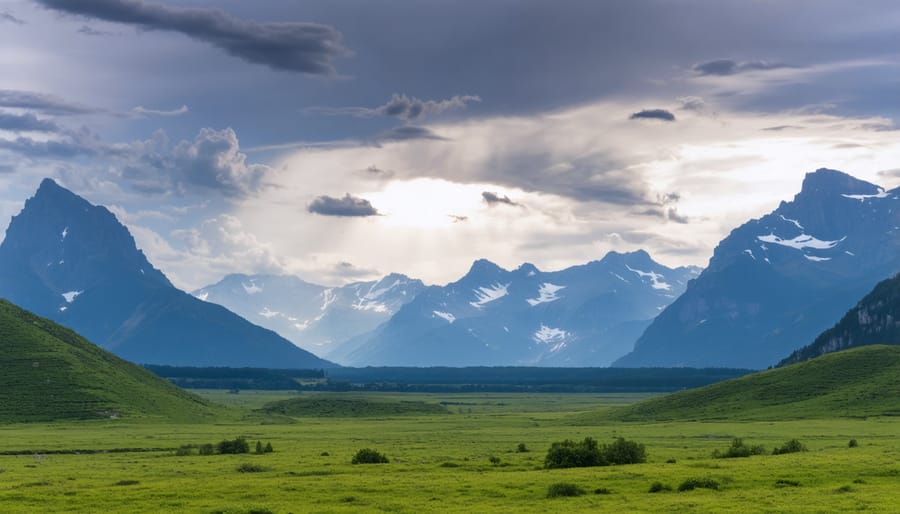 Mountain landscape demonstrating rule of thirds with peaks in upper third and meadow in lower portion