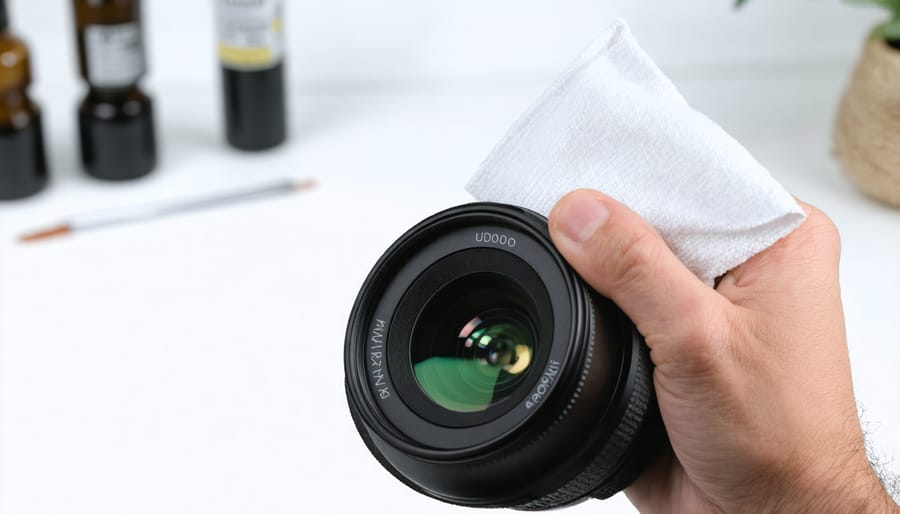 Demonstration of correct lens cleaning technique using microfiber cloth on camera lens