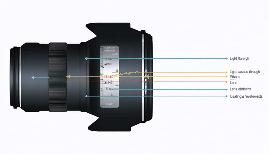 Cross-section diagram of camera lens showing light path and coating effects