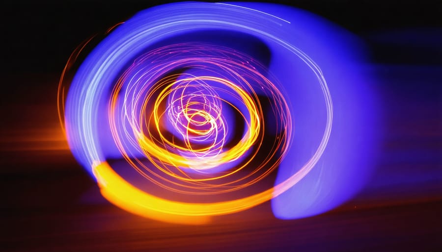 Light painting photograph with colorful spiral patterns against a dark background