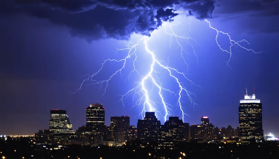 Long exposure photograph of purple lightning bolt striking urban landscape at night