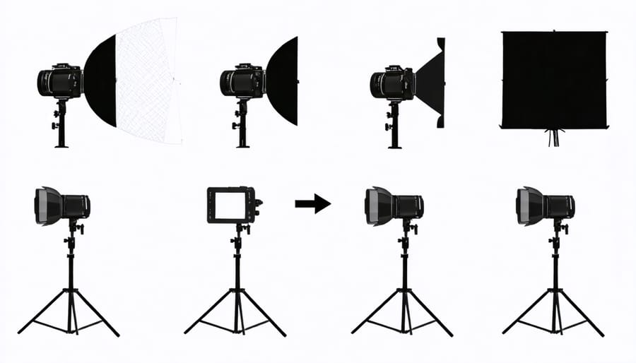 Illustrated diagram of macro photography lighting setup showing positioning of lights, diffusers, and reflectors