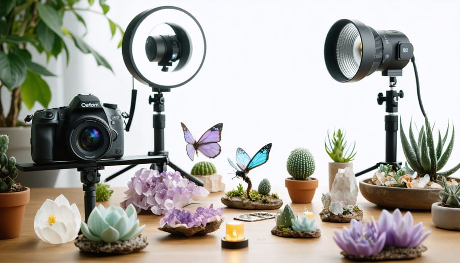 A detailed view of a macro photography setup including a camera with a ring light, dual-arm LEDs, and various miniature subjects like dewdrops and insect wings, highlighting both professional and DIY lighting equipment.