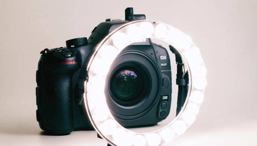 Close-up view of a LED ring light attached to a macro lens showing the circular light pattern