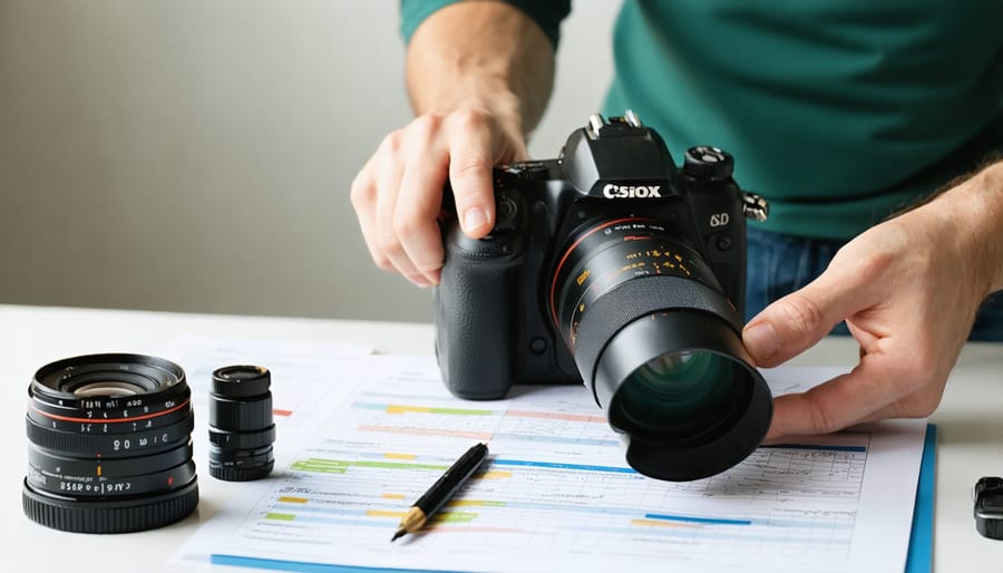 Photographer performing routine maintenance checks on camera gear